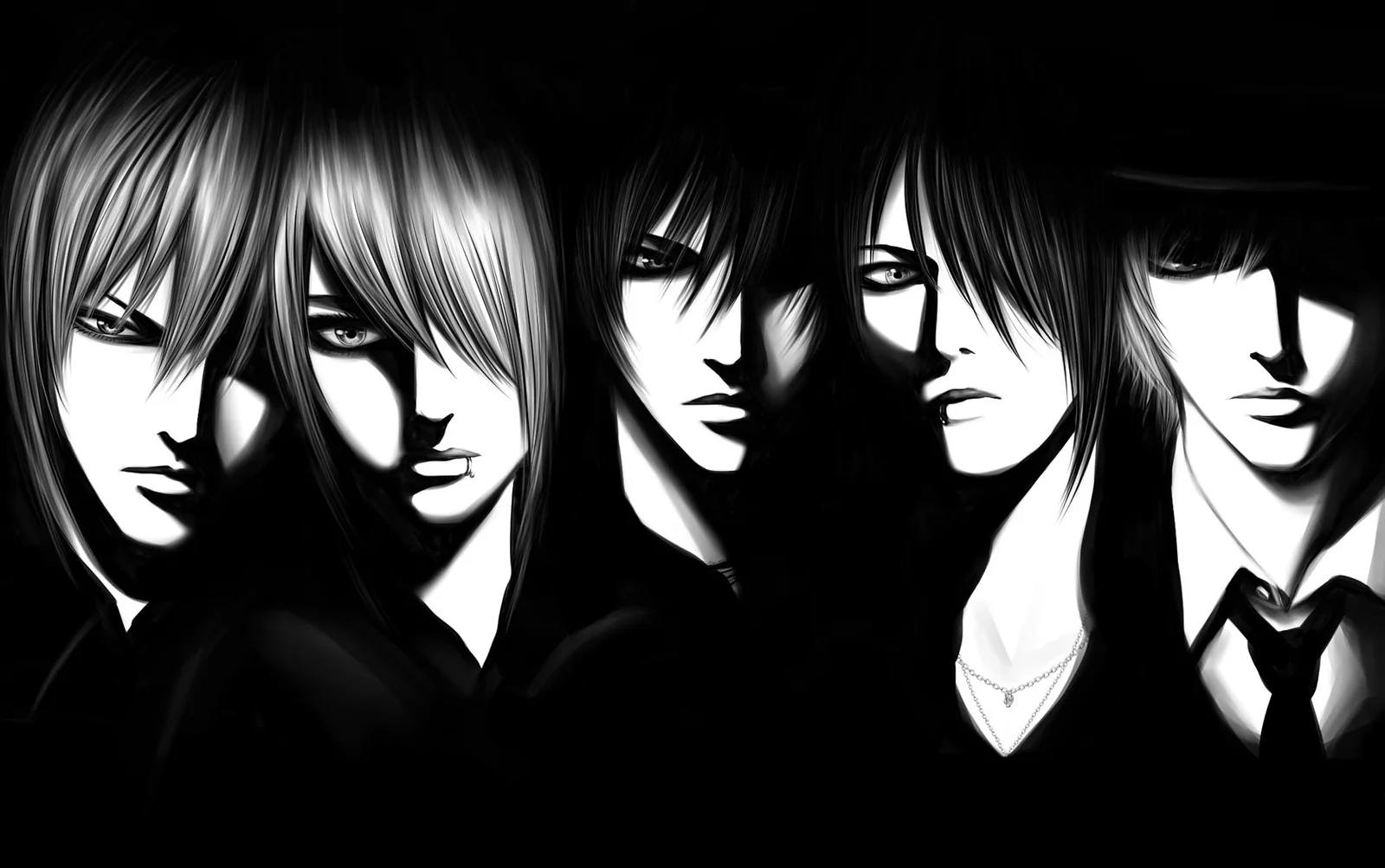 The four musicians of Orochi, illustrated in black and white
